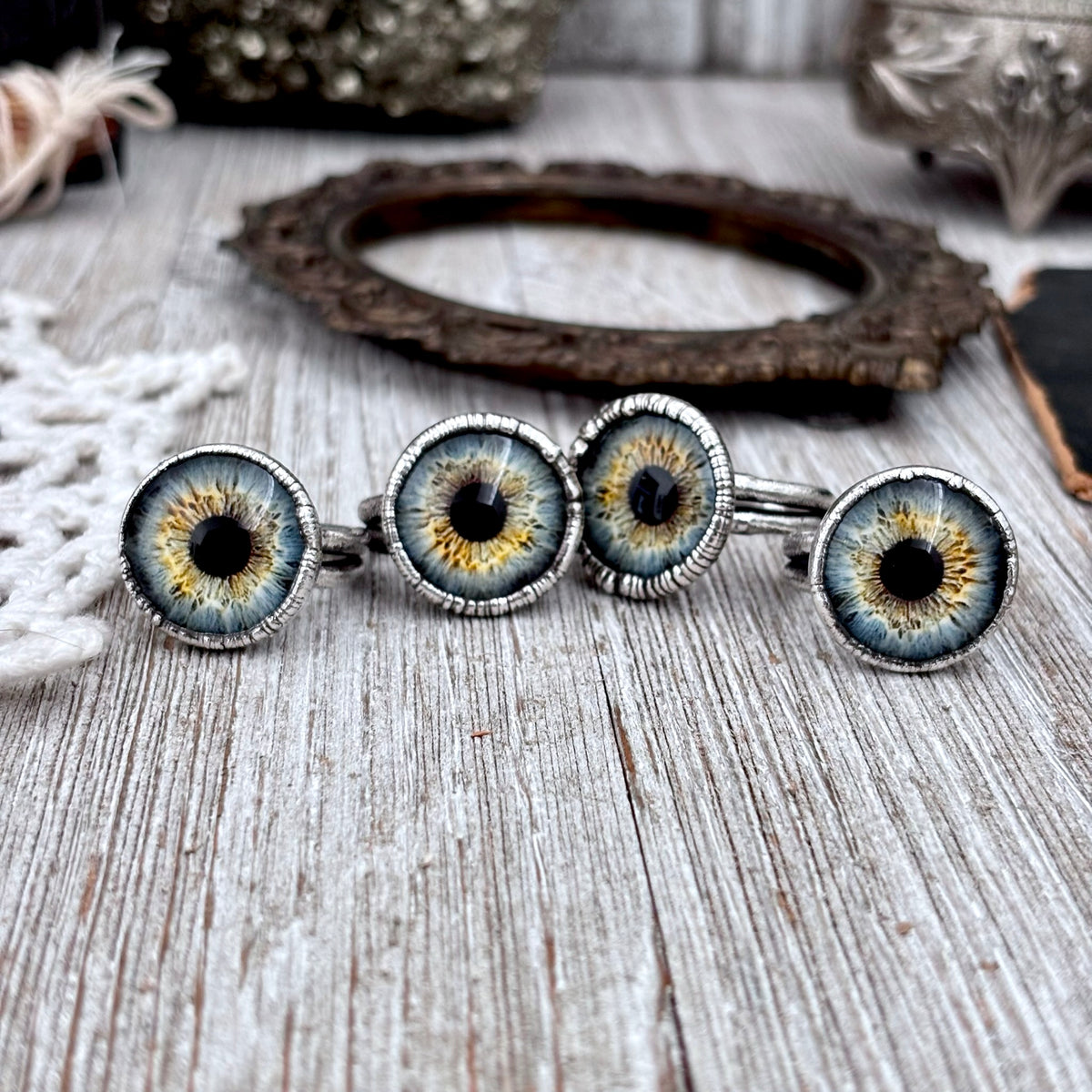 Blue eyeball fine silver ring by FOXLARK, available in sizes 5-10, featuring a detailed eyeball design from the FOXLARK collection.