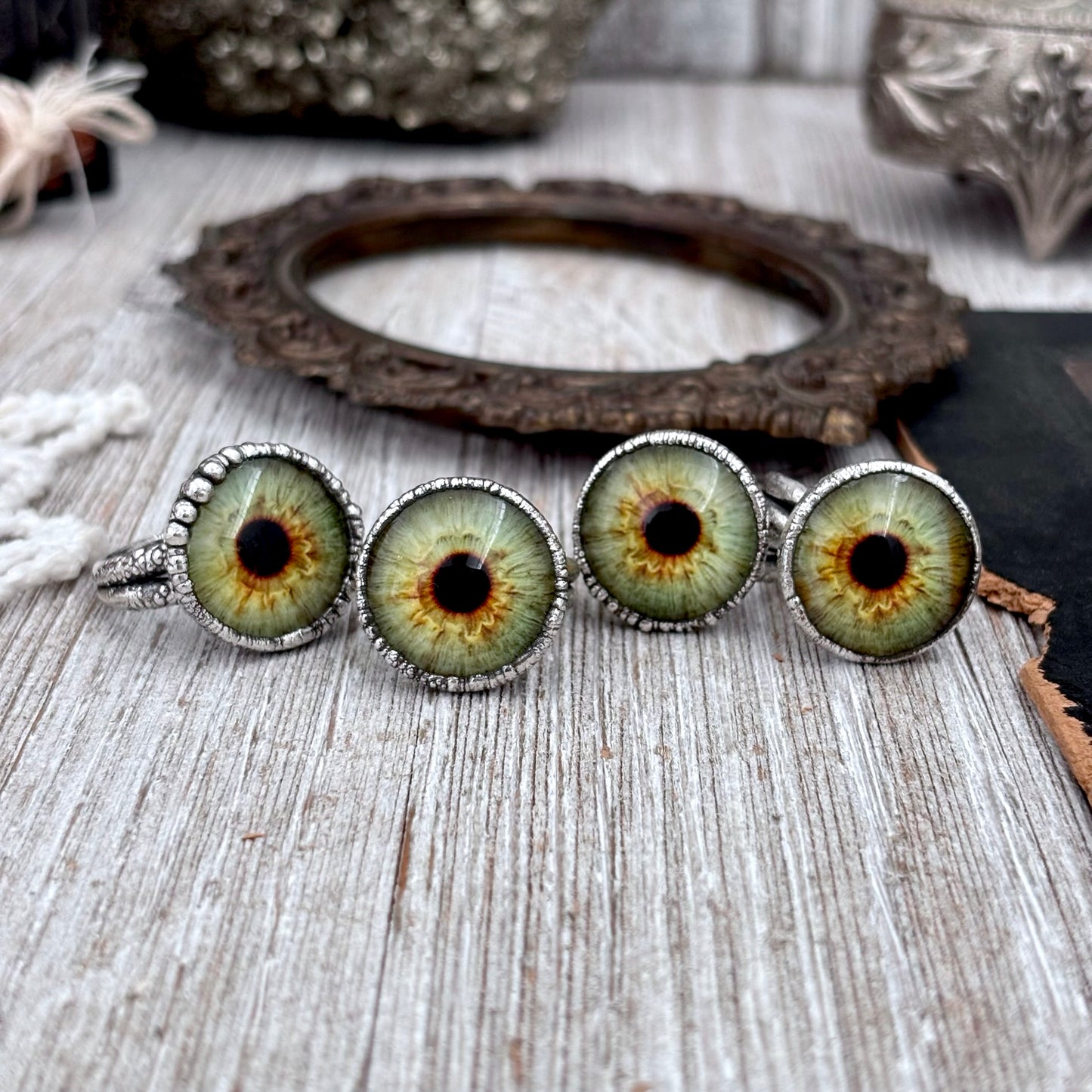 Green Eyeball Fine Silver Ring Size 5 6 7 8 9 10 / Foxlark Collection