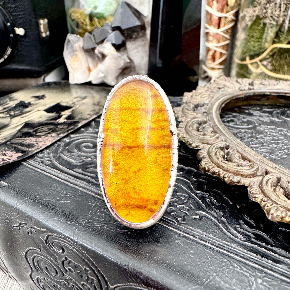 Fine silver Baltic amber crystal ring from FOXLARK collection, size 7.5, featuring a one-of-a-kind amber gemstone design.