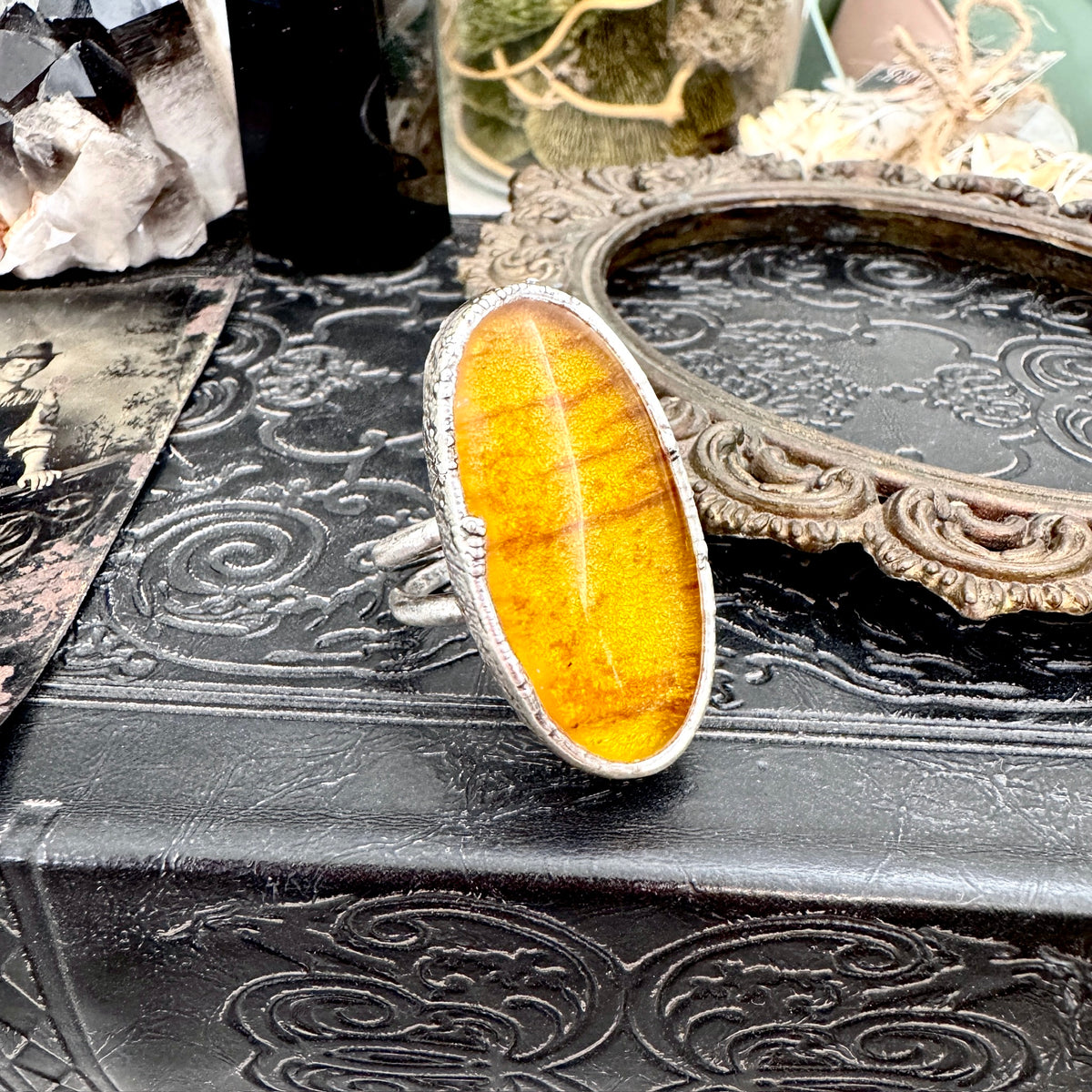 Fine silver Baltic amber crystal ring from FOXLARK collection, size 7.5, featuring a one-of-a-kind amber gemstone design.