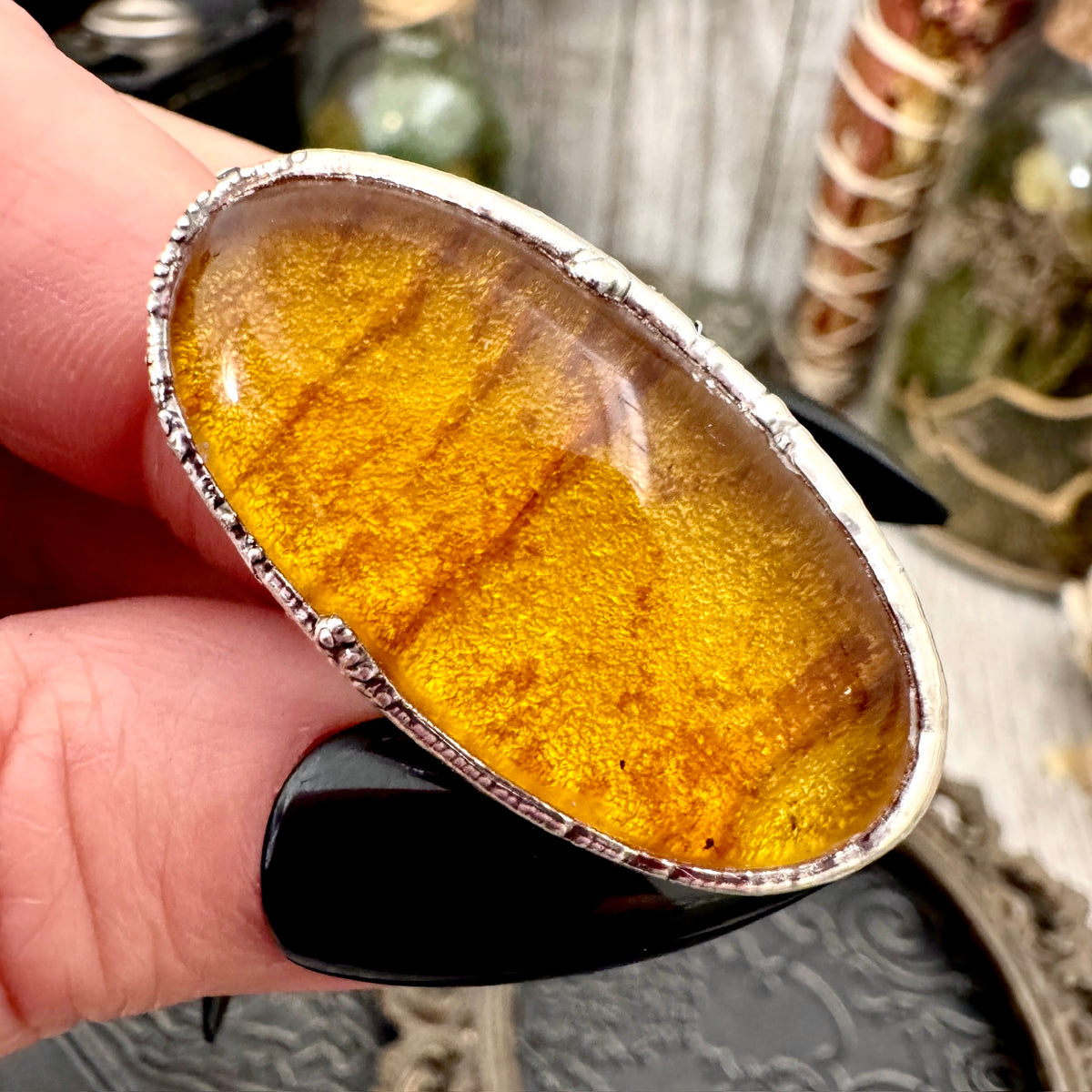 Baltic amber crystal ring by FOXLARK, fine silver band, size 7.5, one-of-a-kind design from Foxlark Collection.