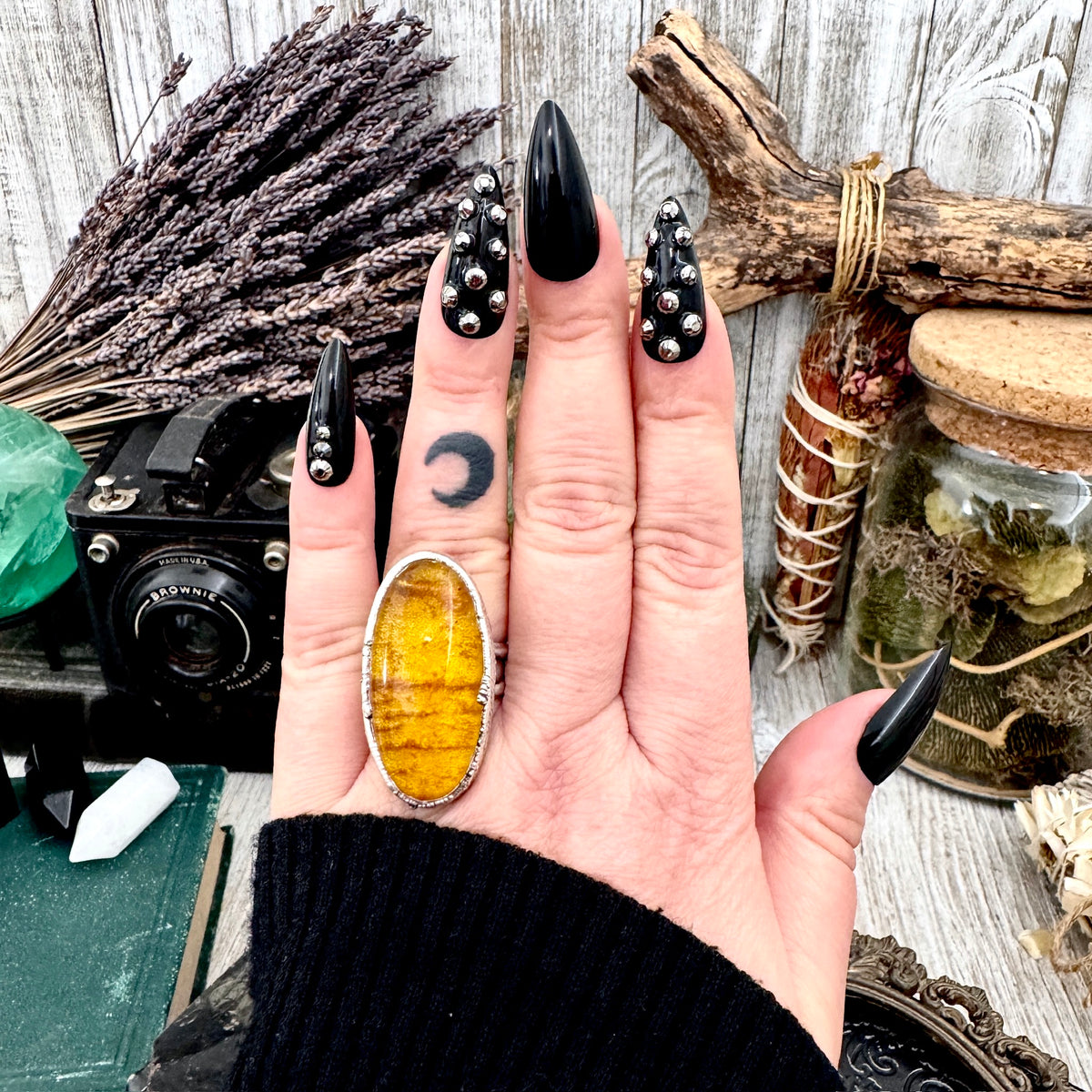Foxlark Baltic Amber Crystal Ring in fine silver, size 7.5, showcasing a unique amber gemstone design from the Foxlark collection.