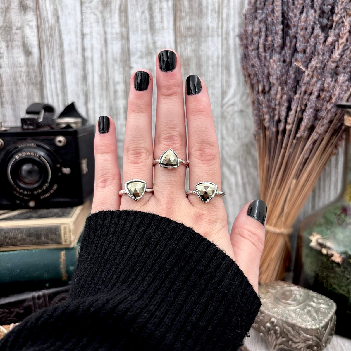 Fine silver pyrite ring with faceted stone, available in sizes 5-11, from FOXLARK collection.