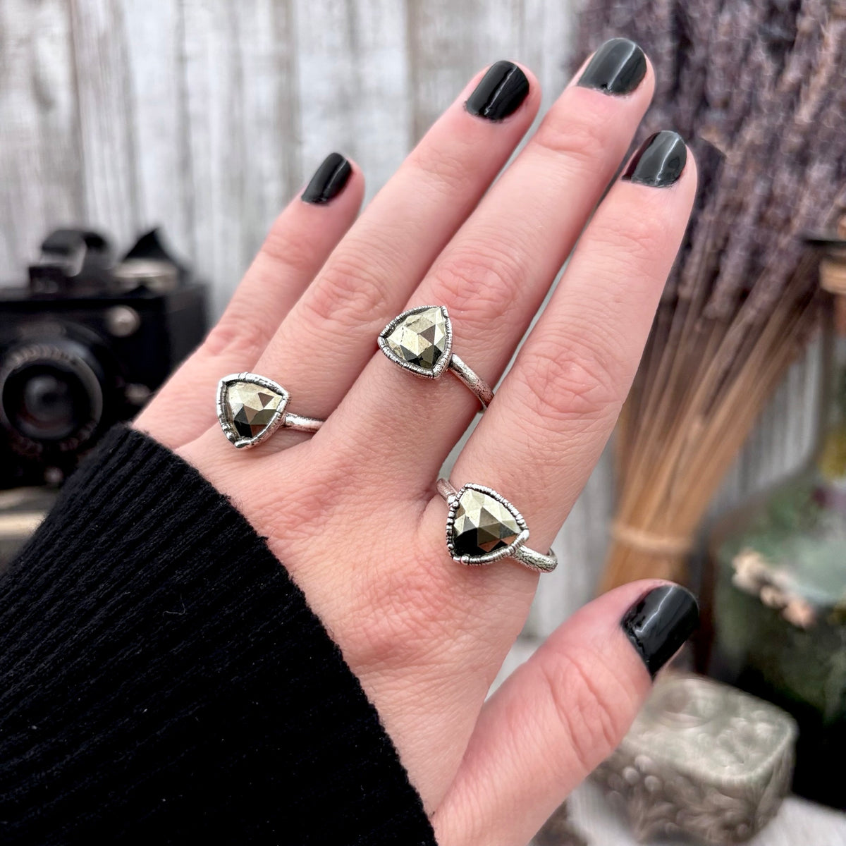Fine silver pyrite ring with faceted stone, available in sizes 5-11, from FOXLARK collection, featuring a small, elegant design.