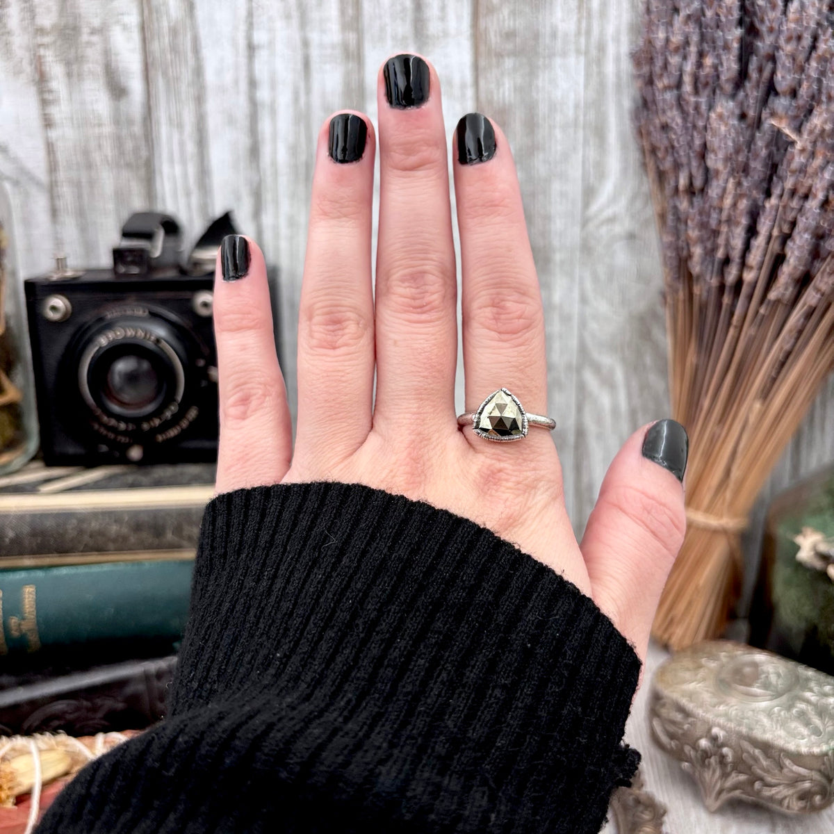 Fine silver pyrite ring with faceted stone, available in sizes 5-11, from FOXLARK collection, elegant and handcrafted jewelry.