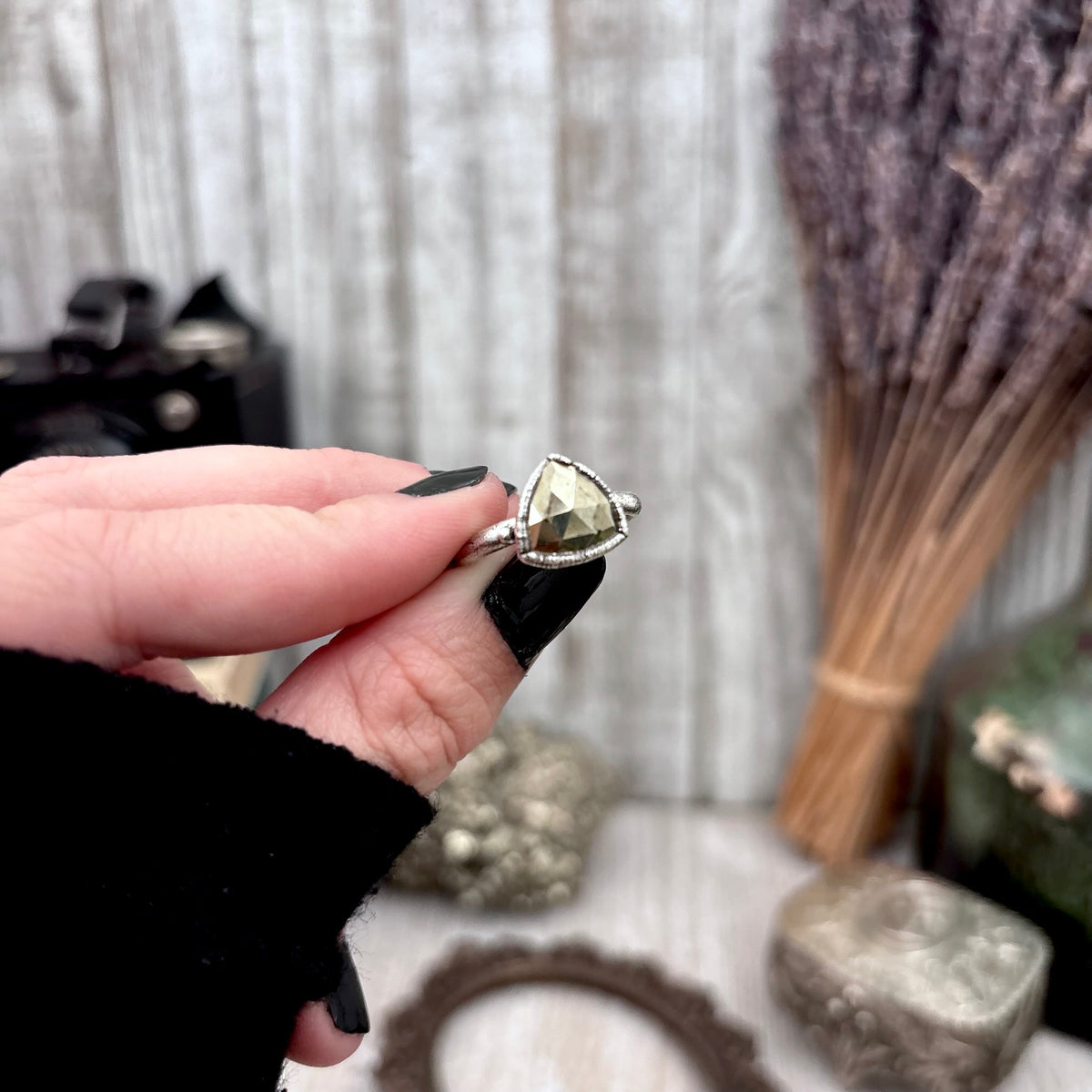 Fine silver Pyrite ring with faceted stone, available in sizes 5-11, from FOXLARK RINGS collection.
