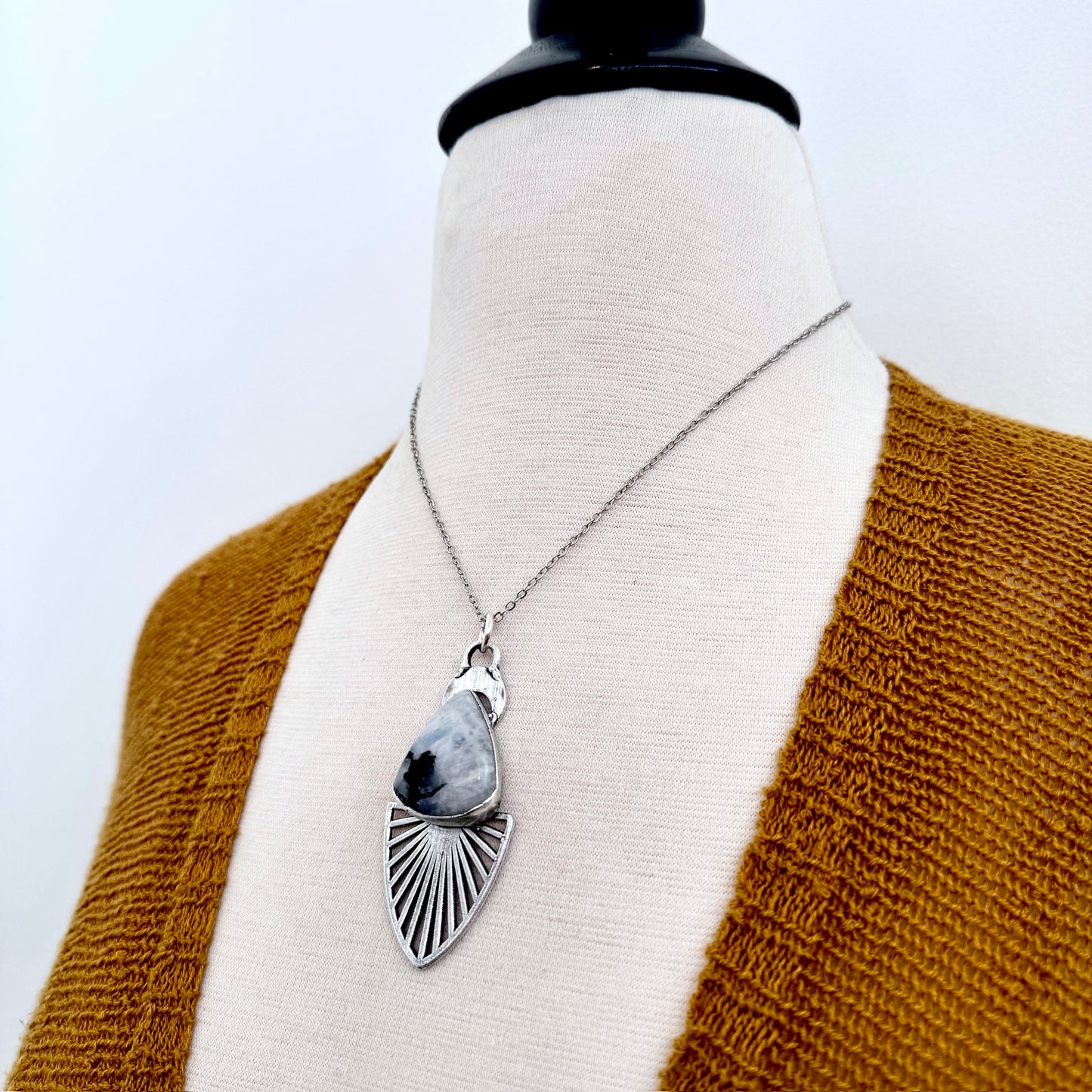 Moss & Moon Collection - Rainbow Moonstone With Black Tourmaline Statement Necklace in Fine Silver / One of a Kind