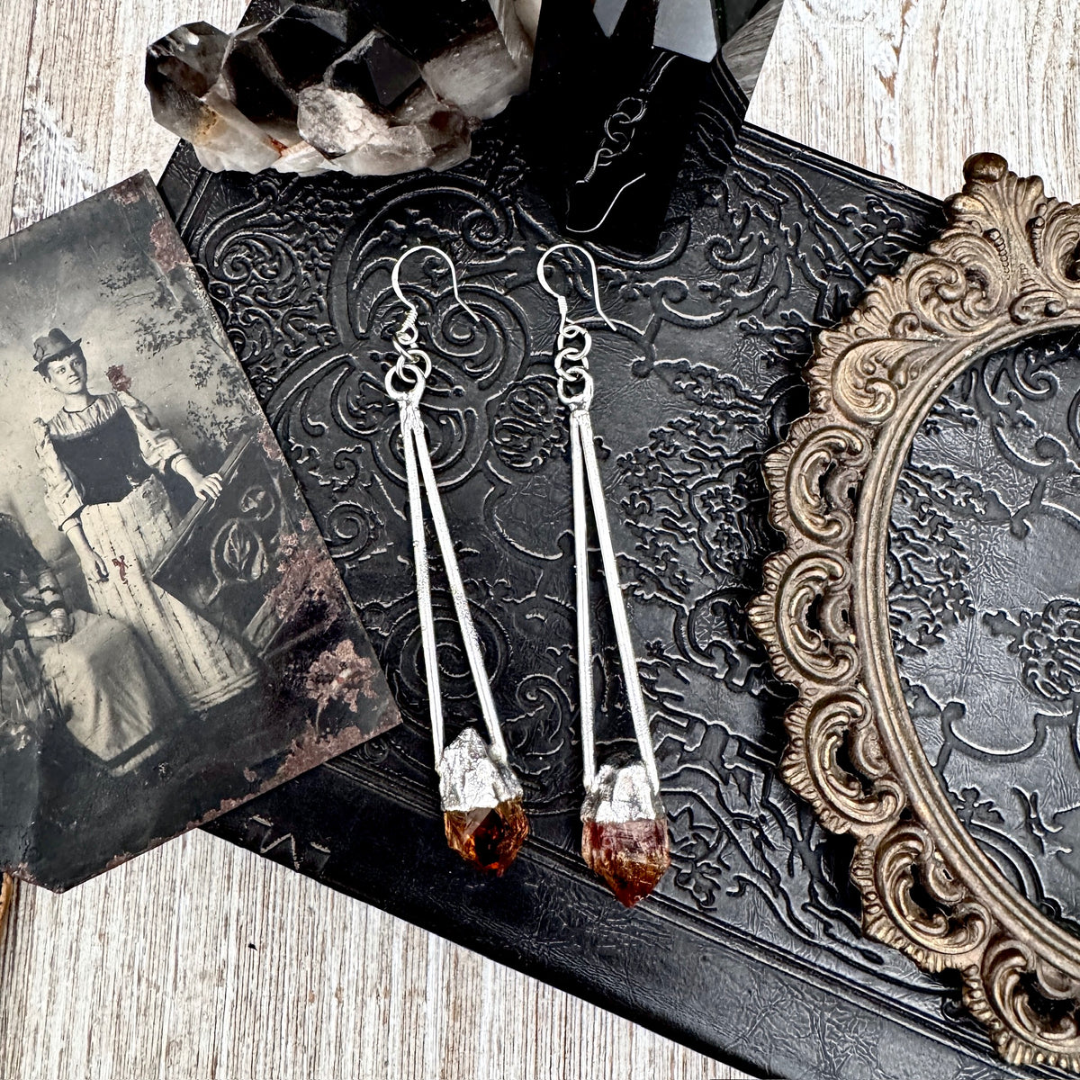 Raw citrine and crystal dangle earrings in fine silver with witchy, long, elegant design by FOXLARK.
