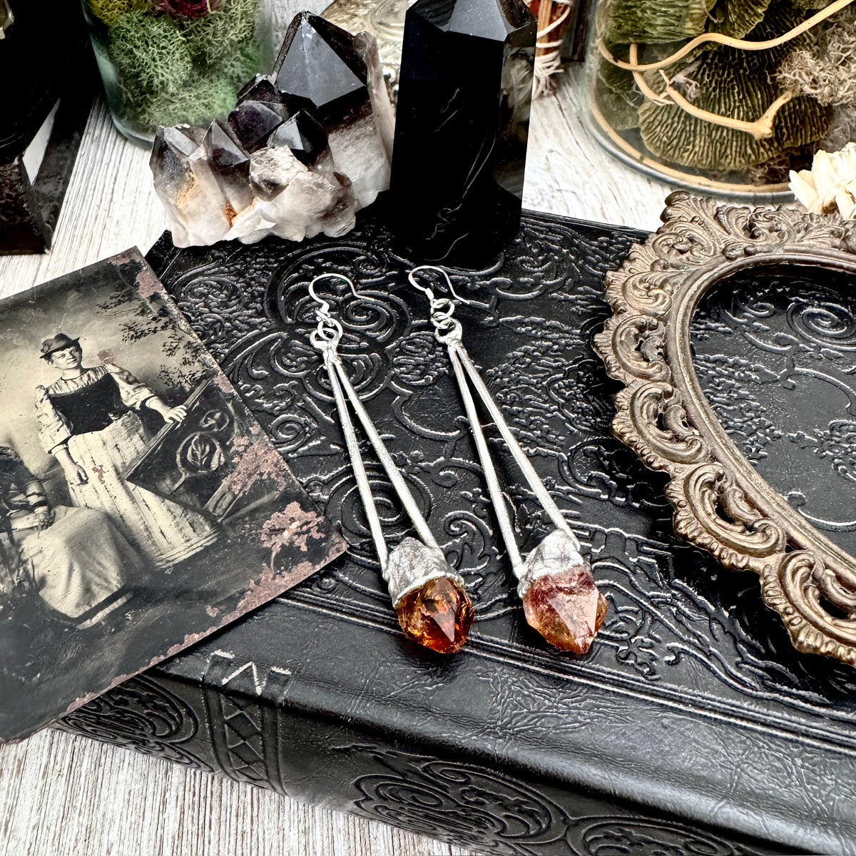 Raw citrine and crystal dangle earrings by FOXLARK featuring fine silver, long witchy-style earrings with intricate details.