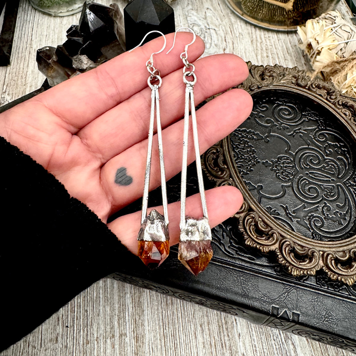 Raw citrine crystal dangle earrings by FOXLARK featuring fine silver and long, witchy-inspired design.