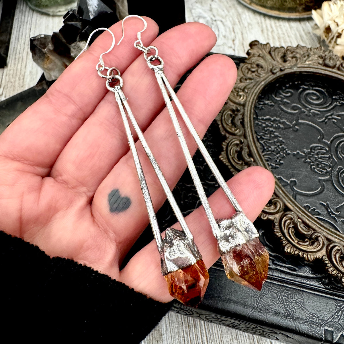 Raw Citrine and crystal dangle earrings by FOXLARK featuring fine silver long witchy earrings with gemstone accents.