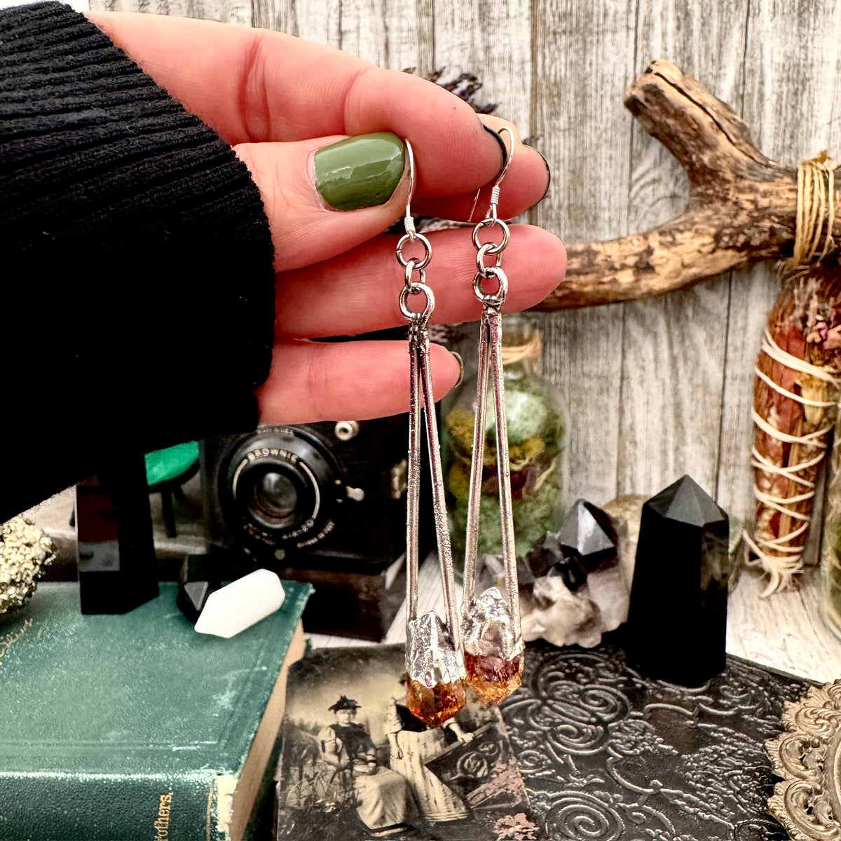 Raw citrine and crystal dangle earrings by FOXLARK featuring fine silver, long witchy-style earrings with a boho, mystical design.