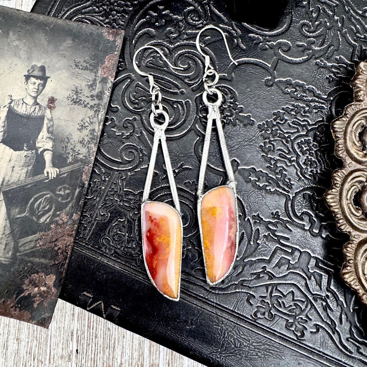 Jasper fine silver crystal dangle earrings by FOXLARK with long, witchy-style design and intricate gemstone detailing.