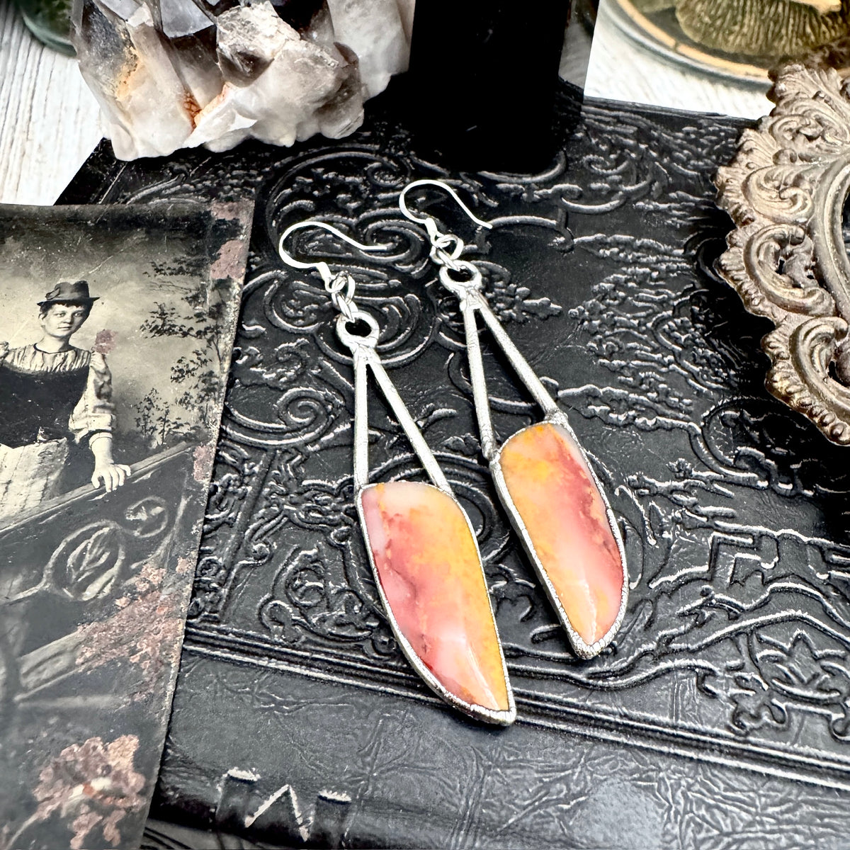 Jasper Fine Silver Crystal Dangle Earrings by FOXLARK featuring long, witchy style silver earrings with crystal accents.