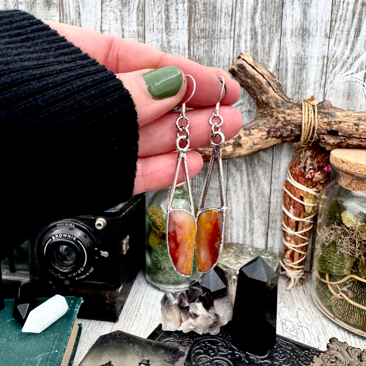 Jasper and crystal silver dangle earrings by FOXLARK featuring long, witchy-style design and intricate craftsmanship.