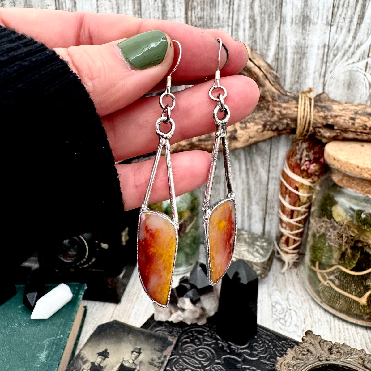 Jasper Fine Silver Crystal Dangle Earrings by FOXLARK, long witchy earrings with silver and crystal accents, hanging jewelry with intricate design.