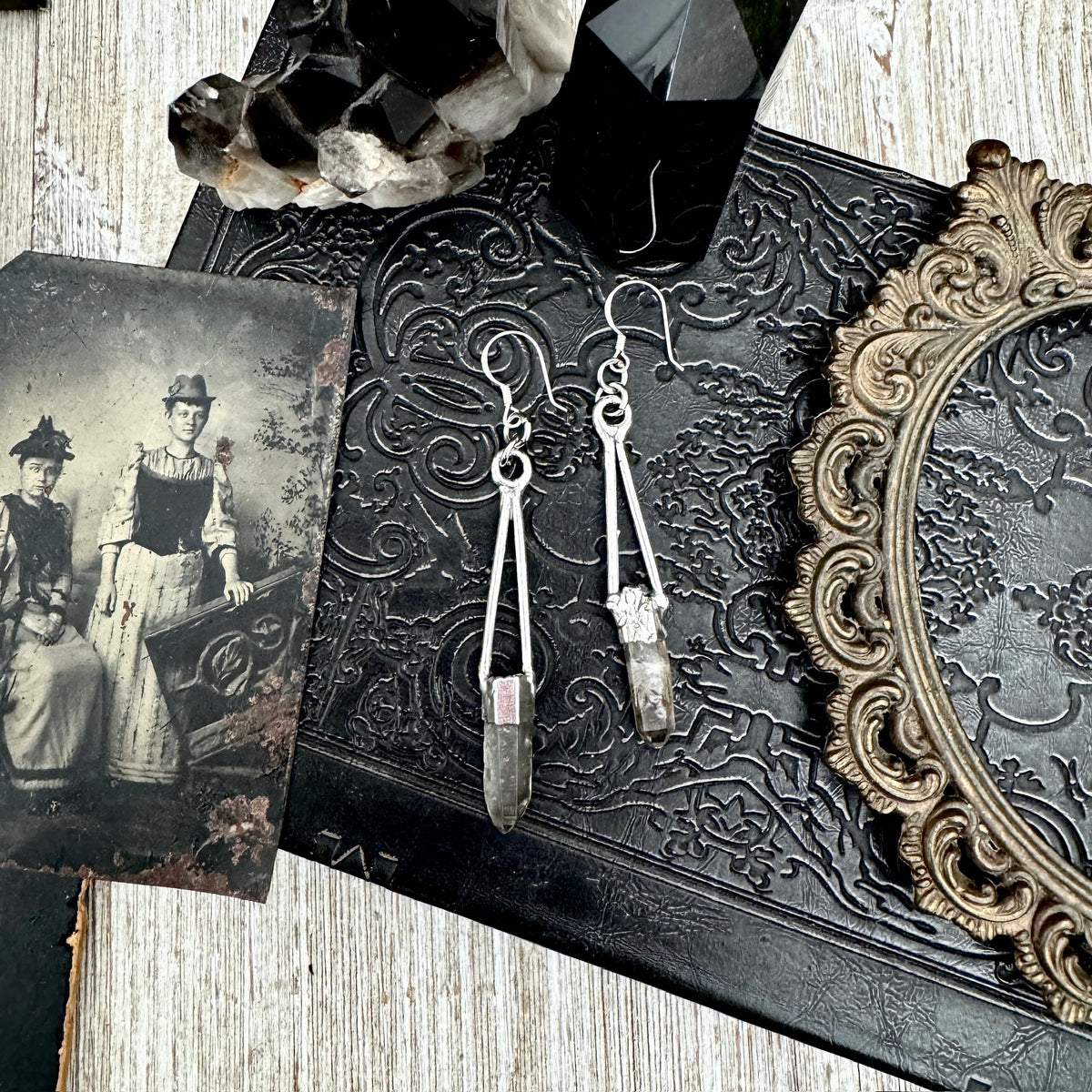 Raw smoky quartz and fine silver dangle earrings by FOXLARK with crystal accents, long witchy style jewelry.
