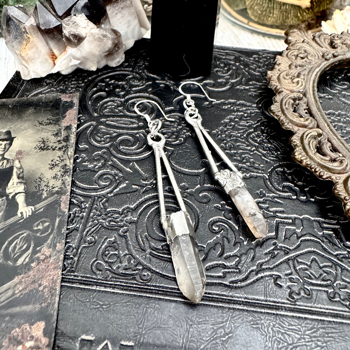 Raw smoky quartz crystal dangle earrings with fine silver accents, featuring long, witchy-inspired design by FOXLARK.