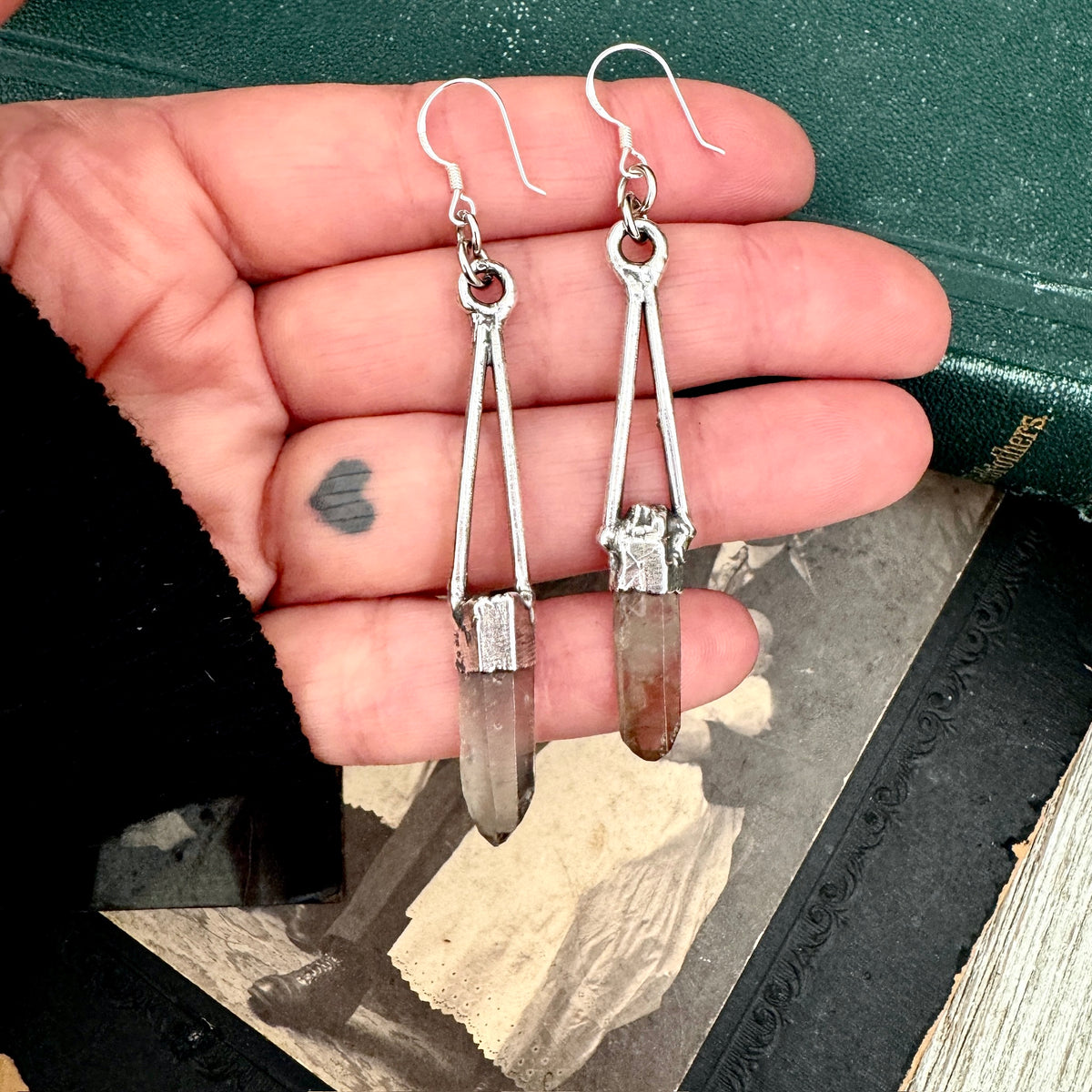 Raw smoky quartz crystal dangle earrings by FOXLARK featuring fine silver and long, witchy-inspired design.