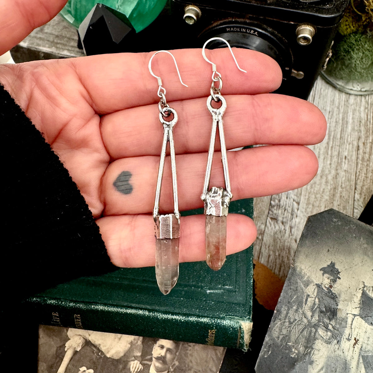 Raw smoky quartz silver dangle earrings by FOXLARK featuring long, crystal-rich witchy earring design.