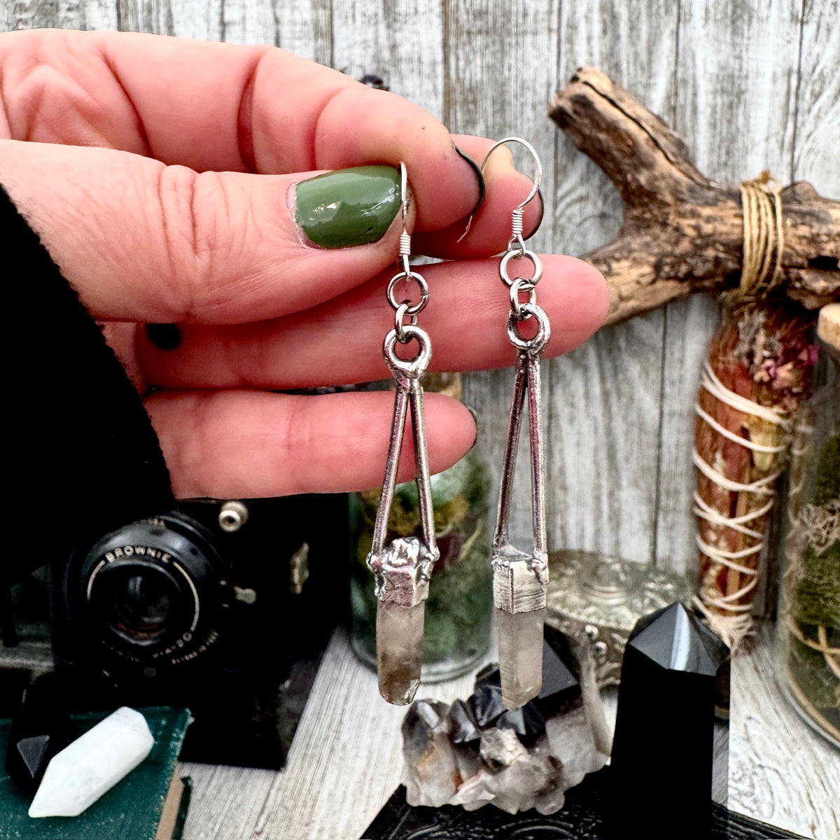 Raw smoky quartz dangle earrings by FOXLARK featuring fine silver and crystal accents, long witchy style jewelry.