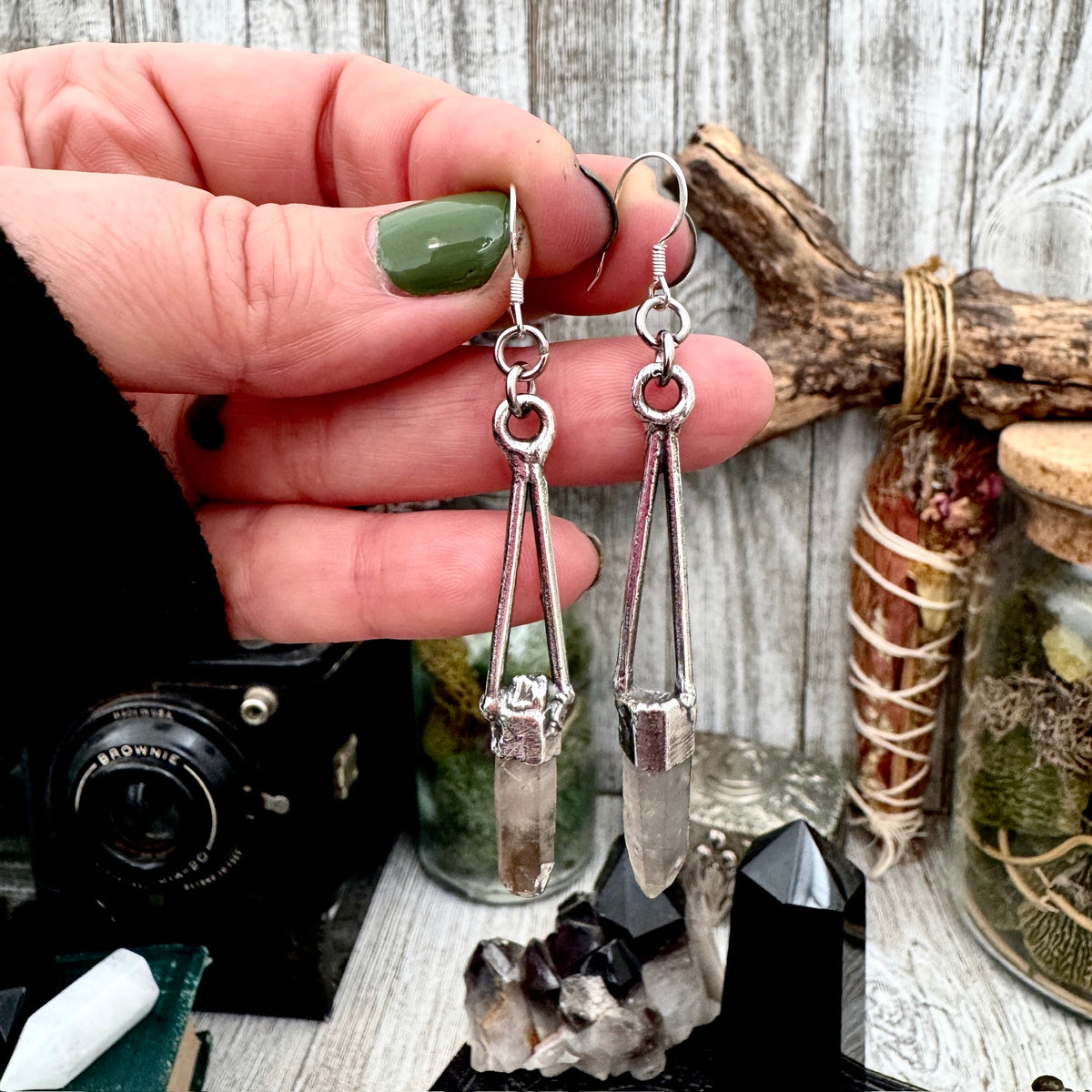 Raw smoky quartz dangle earrings with fine silver crystal accents, featuring long, witchy-inspired design by FOXLARK.
