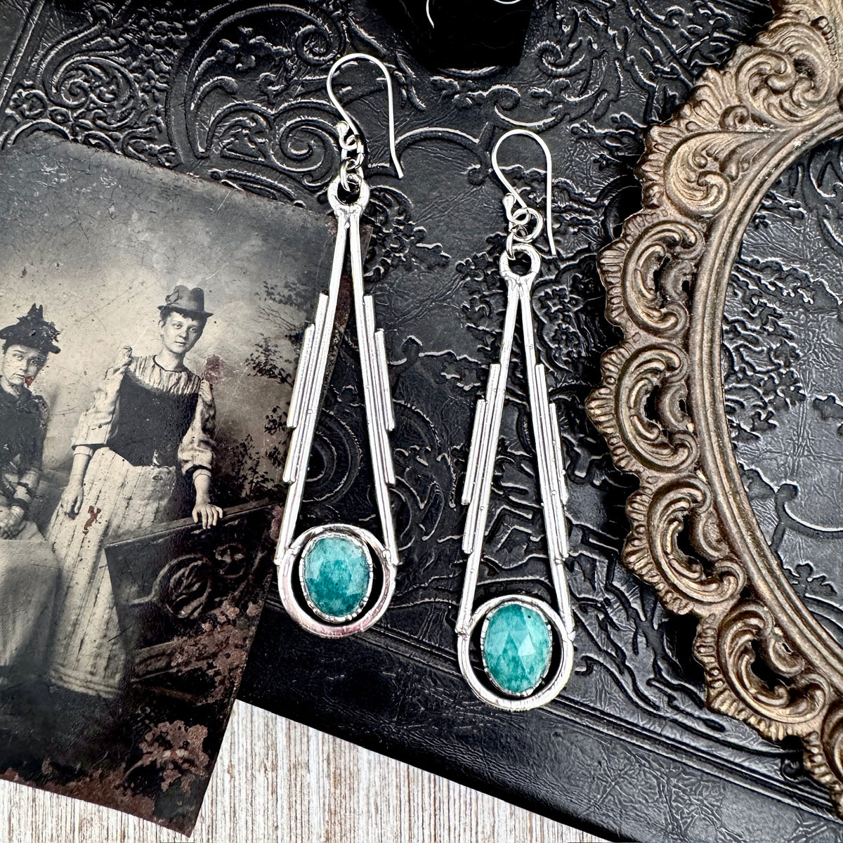 Amazonite fine silver crystal dangle earrings by FOXLARK, featuring long witchy style with intricate silver and crystal details.