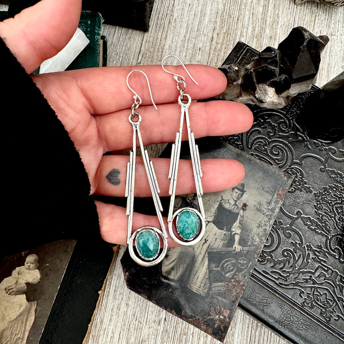 Amazonite and silver dangle earrings by FOXLARK featuring long, witchy-inspired crystal and gemstone design with intricate details.