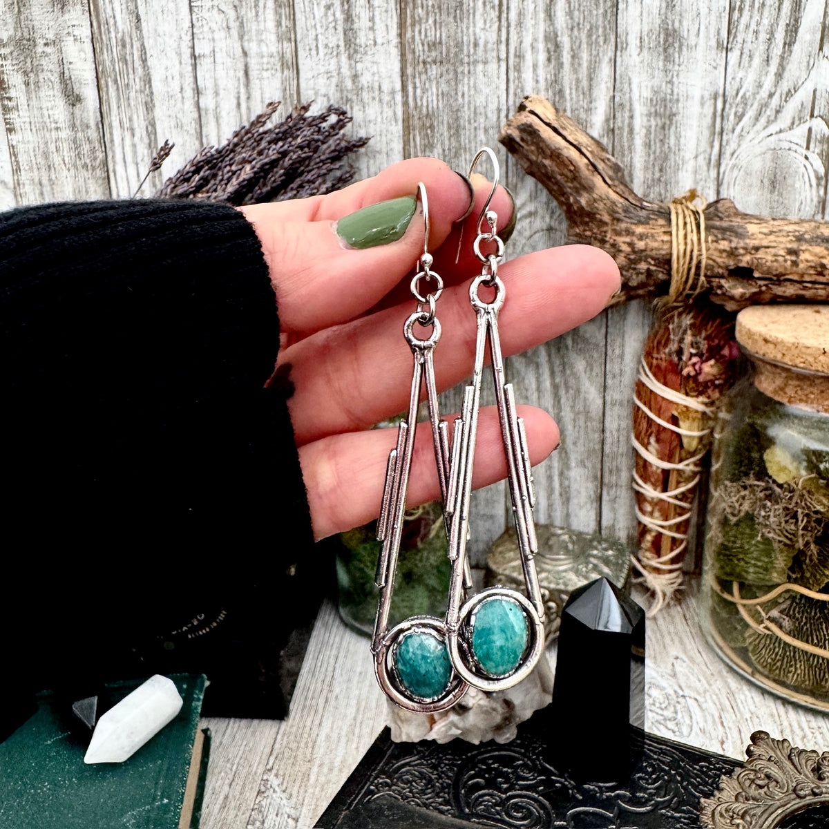 Amazonite and crystal dangle earrings by FOXLARK, featuring silver long witchy-style earrings with intricate details.