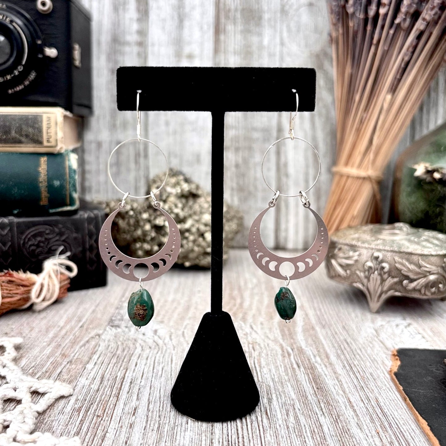 Stainless Steel Moon Phases Turquoise Hoop Earrings / Long Dangle Earrings