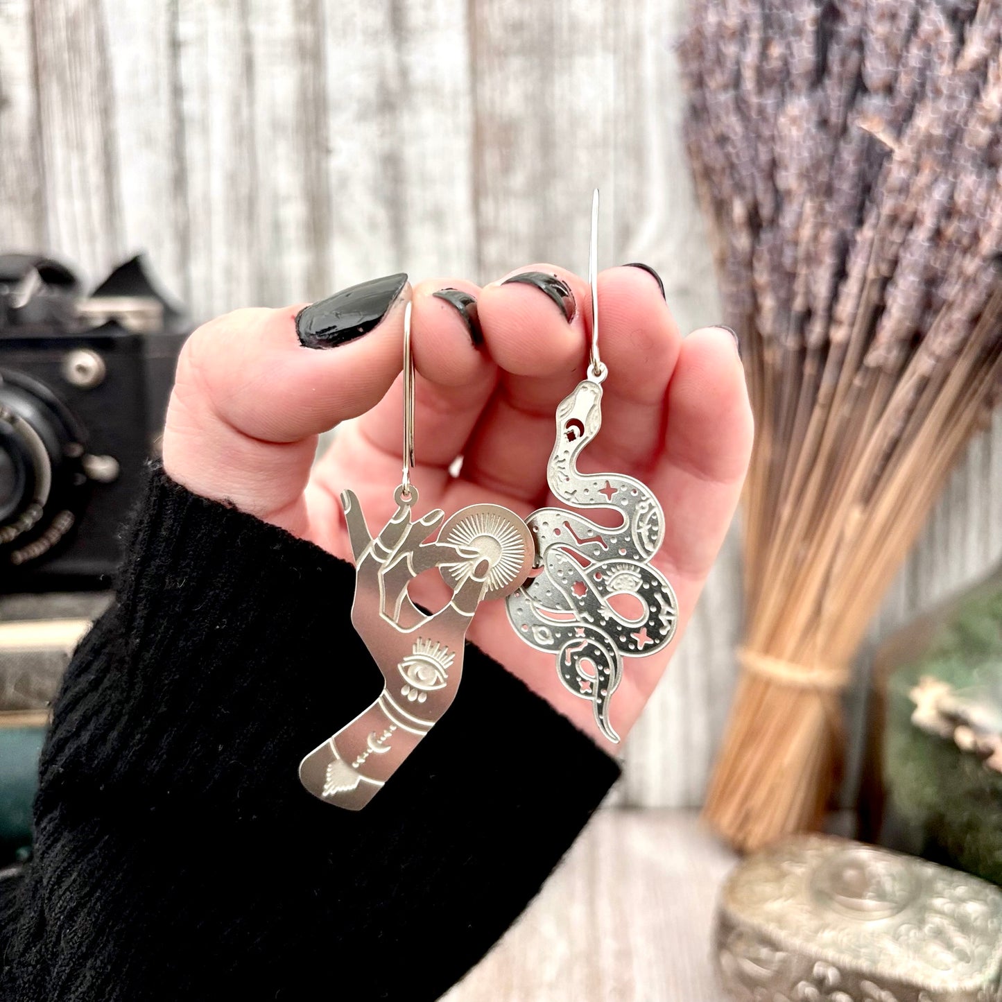 Stainless Steel Celestial Snake and Hand Earrings / Long Dangle Earrings