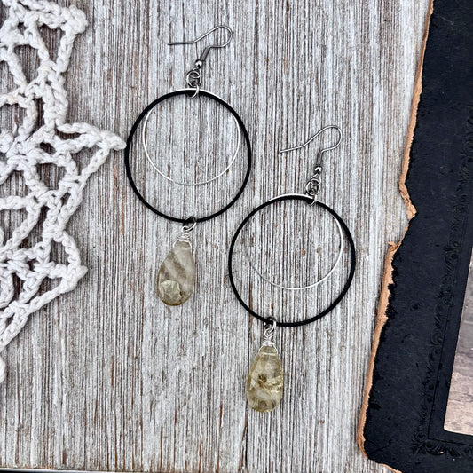 Stainless Steel Citrine Hoop Earrings / Long Dangle Earrings