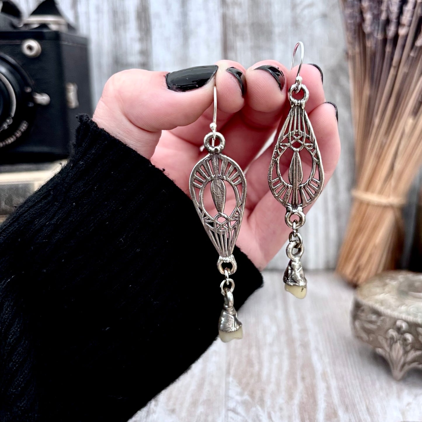 Sterling Silver Dangle Tooth Earrings / Long Dangle Witchy Earrings