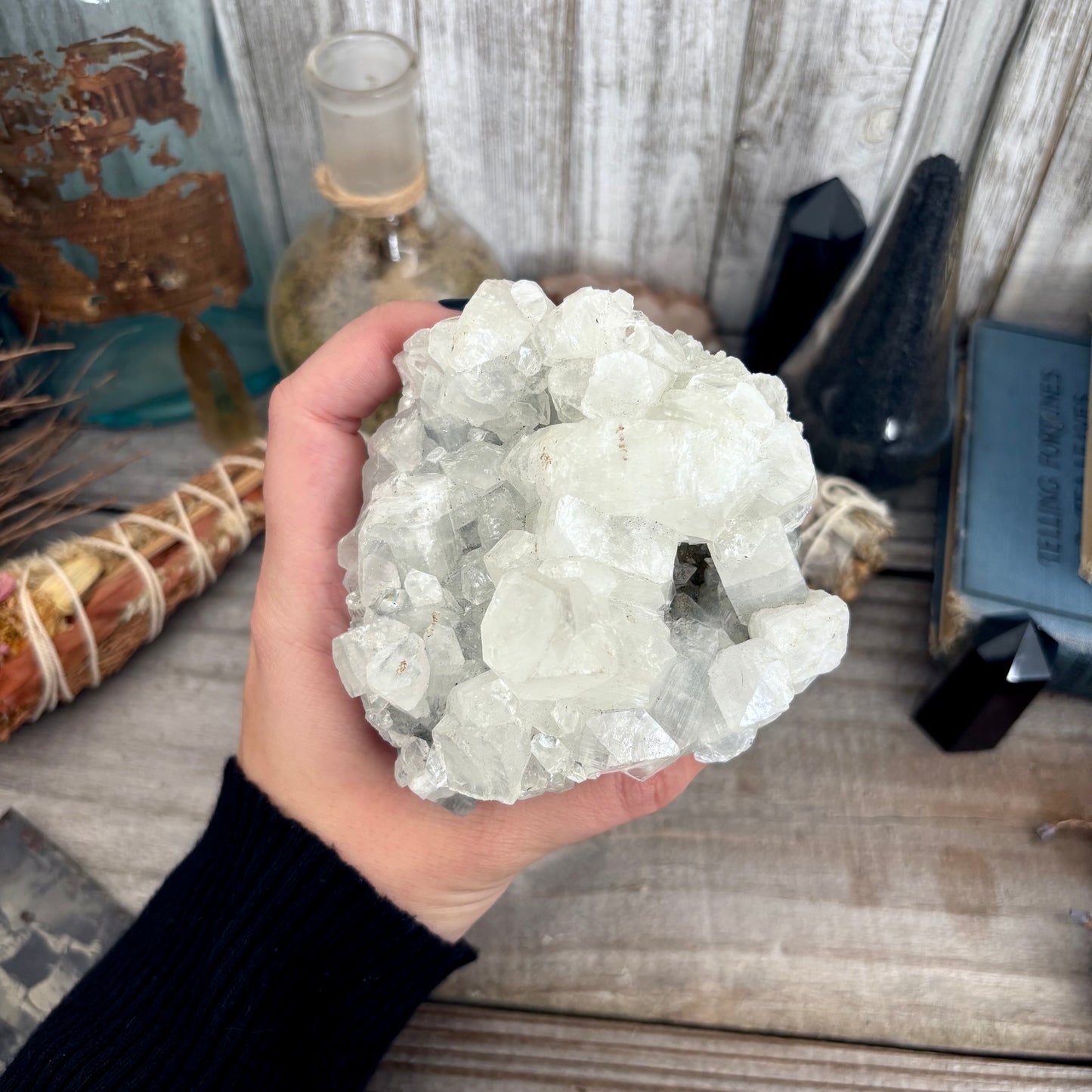 Natural apophyllite crystal cluster with delicate, translucent formations from FoxlarkCrystals, showcasing its sparkling mineral texture.