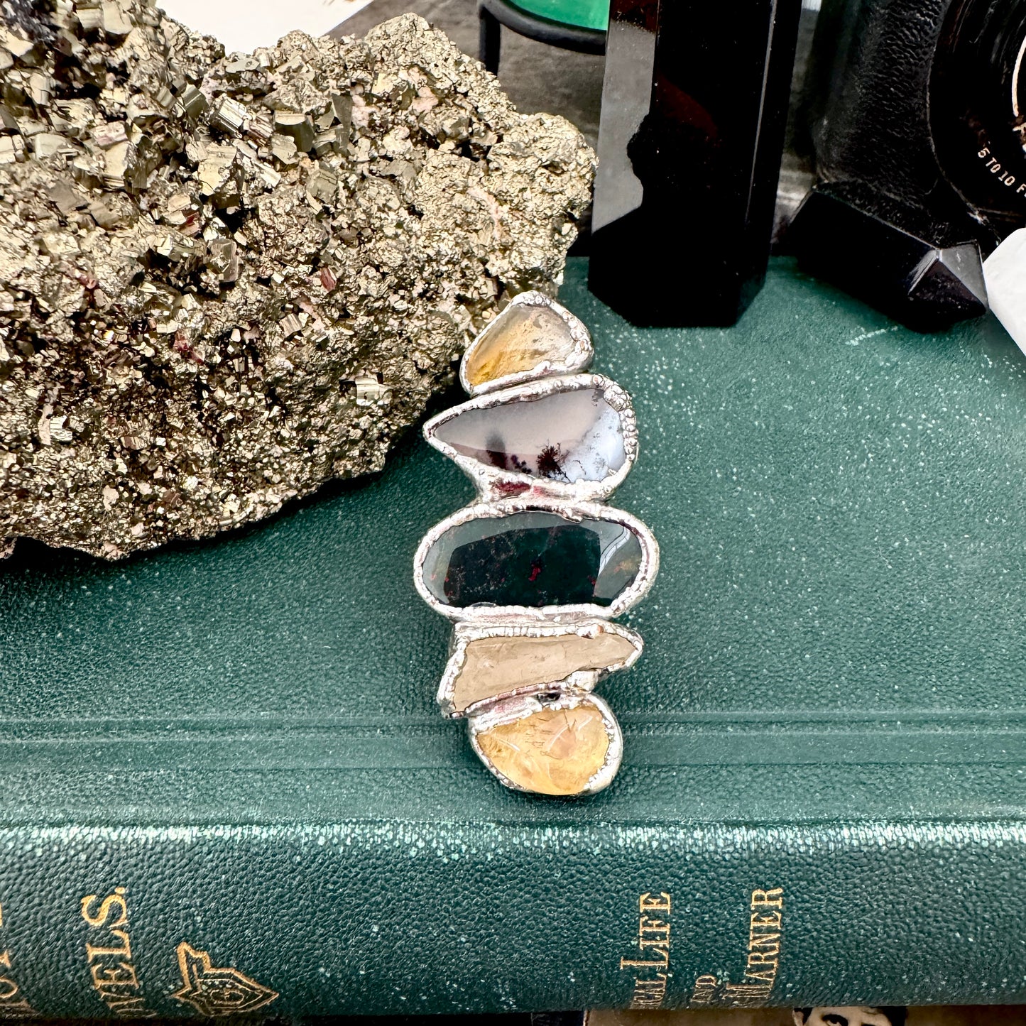 Multi Stone Citrine Dendritic Agate Bloodstone & Clear Quartz Ring In Fine Silver Size 7 / Foxlark Collection