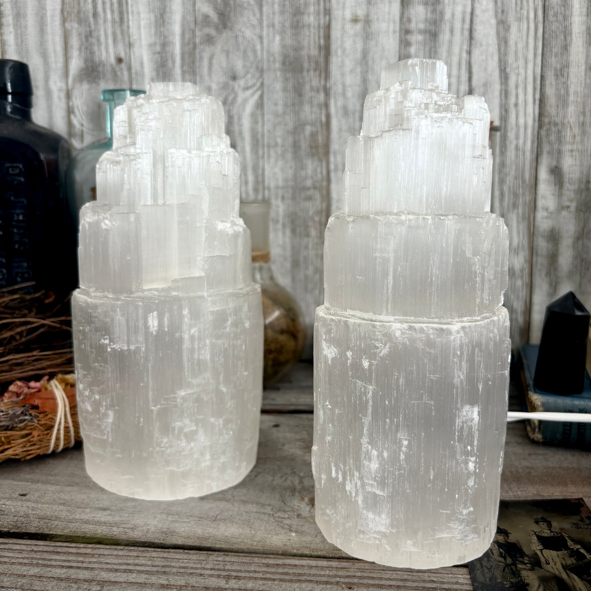 Large FoxlarkCrystals self-standing selenite crystal lamp with natural white crystalline structure and smooth polished surface.