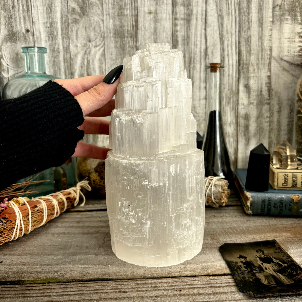 Large self-standing Selenite crystal lamp from FoxlarkCrystals, showcasing a luminous, natural crystal with a polished base.