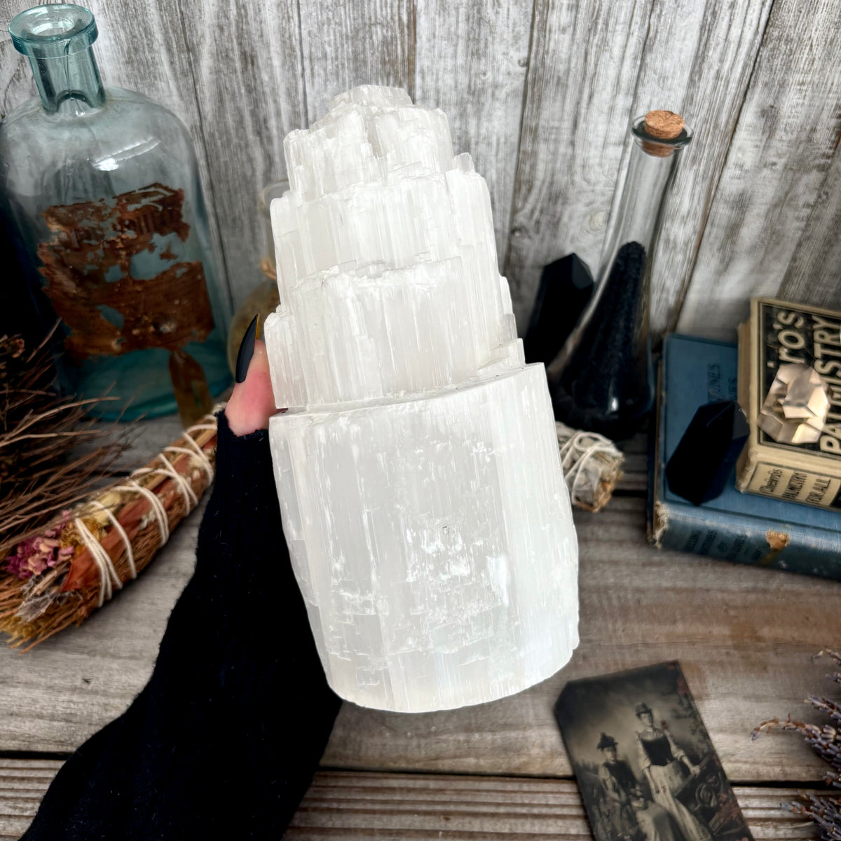 Large self-standing Selenite crystal lamp by FoxlarkCrystals with a natural, glowing appearance, perfect for home decor or meditation spaces.