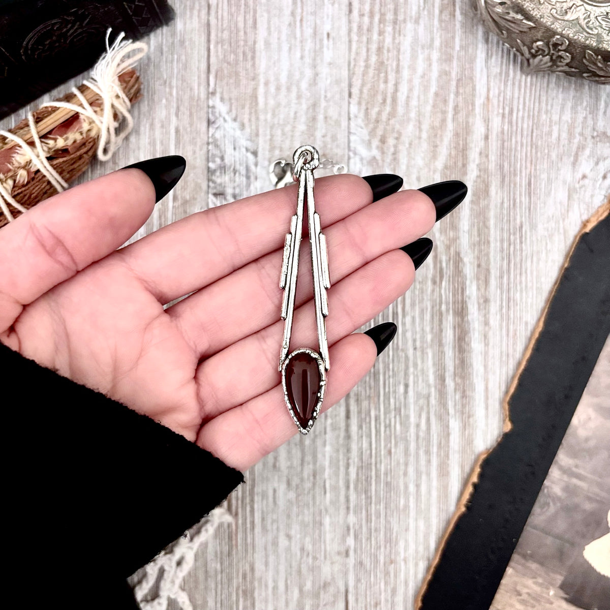 Red Carnelian crystal necklace with fine silver setting from FOXLARK collection, featuring a one-of-a-kind design.