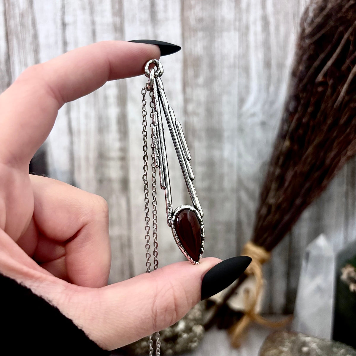 Red Carnelian crystal necklace by FOXLARK with fine silver setting, featuring a one-of-a-kind boho style pendant.