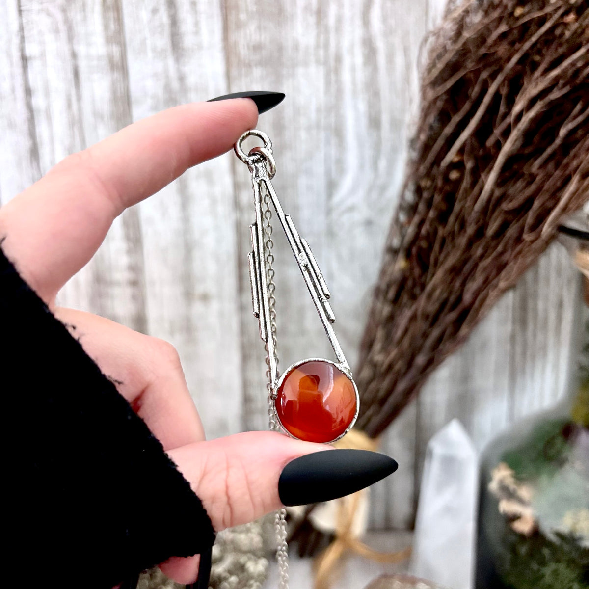 Red Carnelian crystal necklace in fine silver with a delicate chain, handcrafted by FOXLARK from the Foxlark Collection.