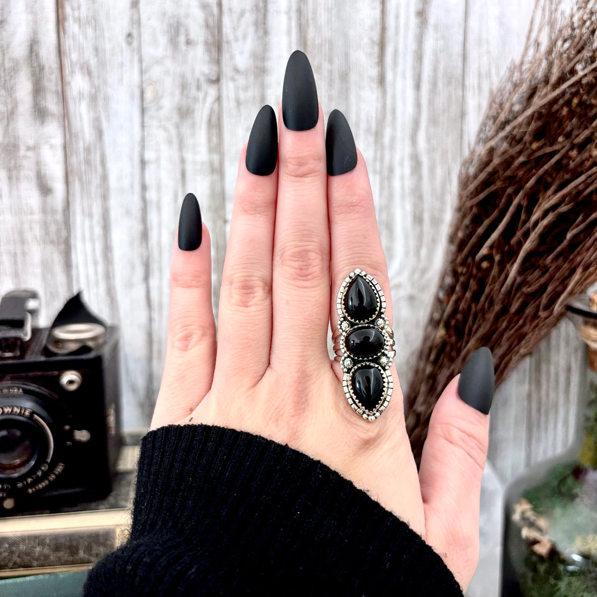 Sterling silver three stone black onyx ring with crystal accents from FOXLARK collection, available in multiple sizes, witchy jewelry style