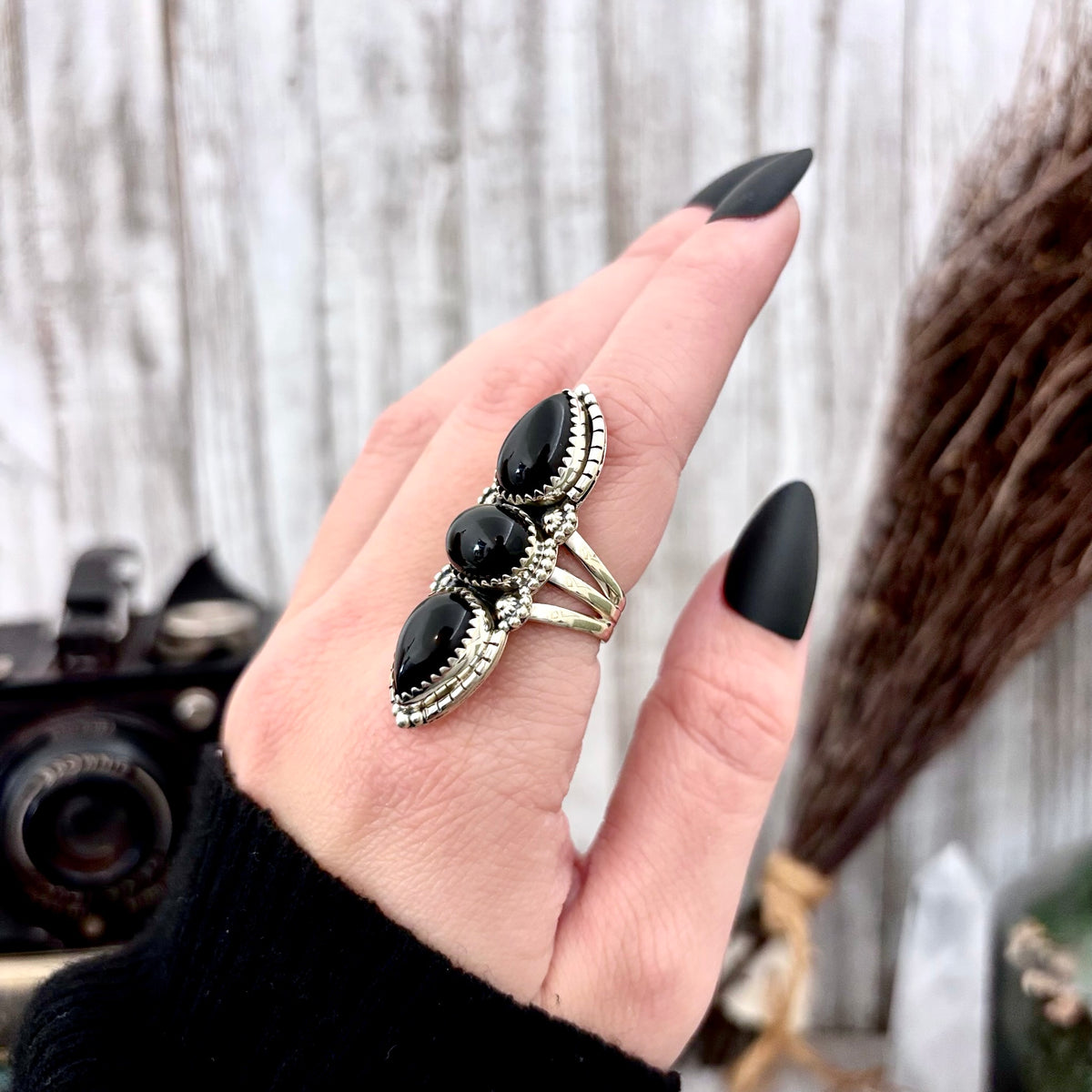 Sterling silver three stone black onyx ring by FOXLARK with large crystal detail, available in sizes 6 to 11, witchy jewelry style
