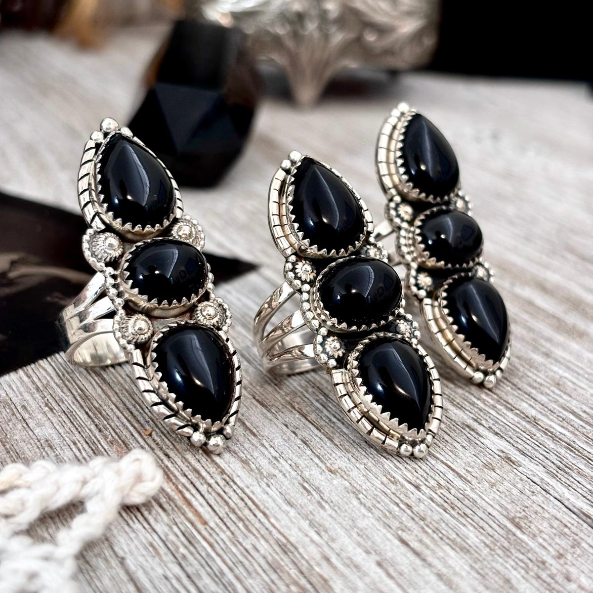 Sterling silver three stone black onyx ring by FOXLARK with large crystal detail, available in sizes 6 to 11, witchy jewelry design