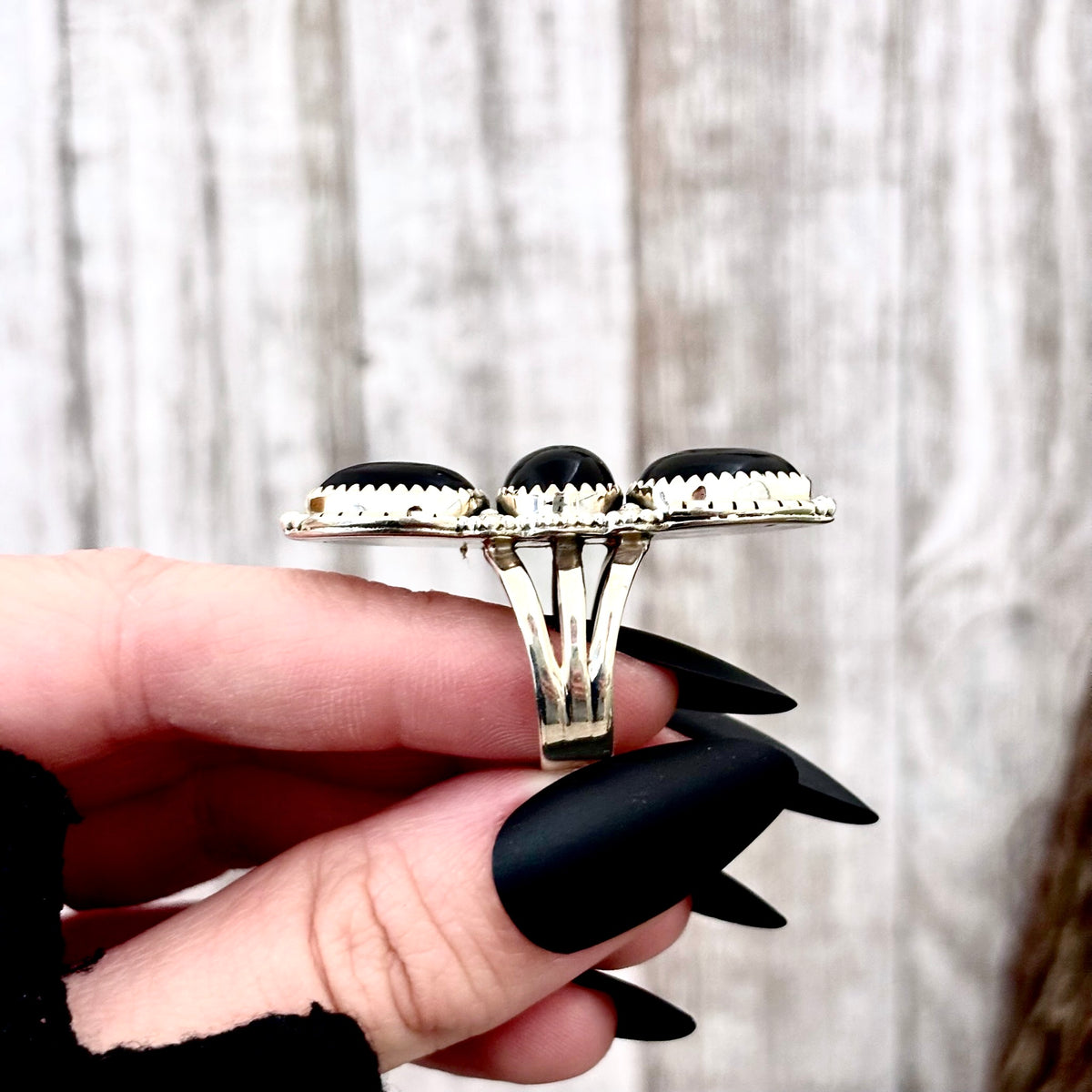 Sterling silver three stone black onyx ring by FOXLARK, featuring big crystal accents, available in sizes 6-11, witchy jewelry style.
