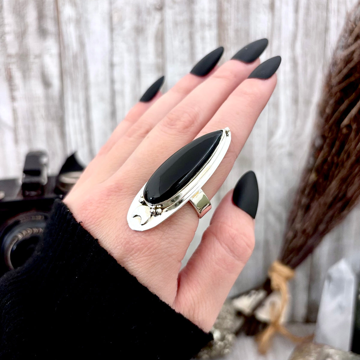 Black Onyx ring by FOXLARK featuring sterling silver, adjustable size 6-10, gothic crystal design, witchy jewelry style.