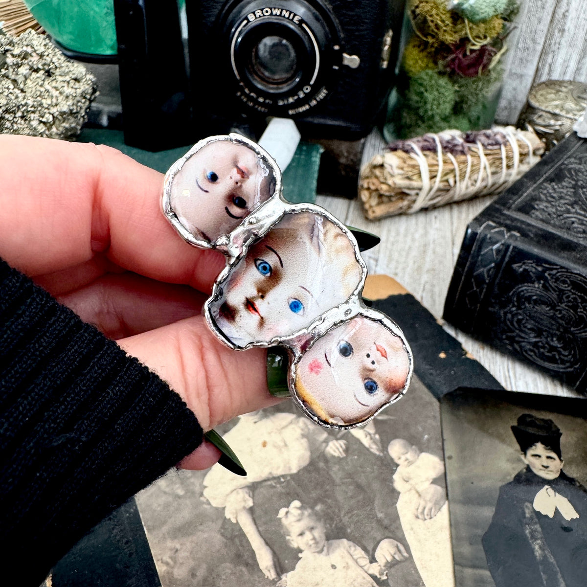 three's company doll head statement ring, fine silver, size 9
