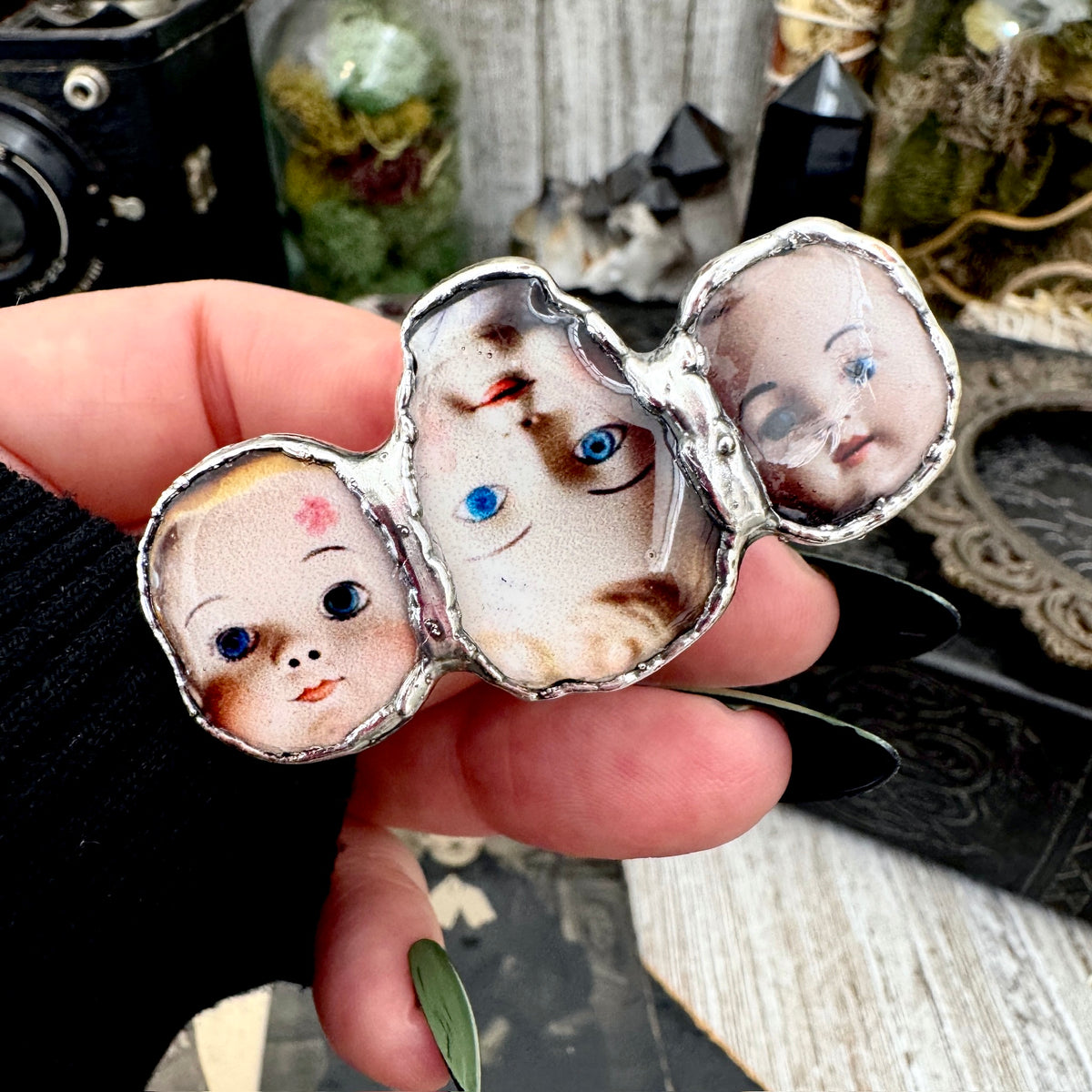 three's company doll head statement ring, fine silver, size 9