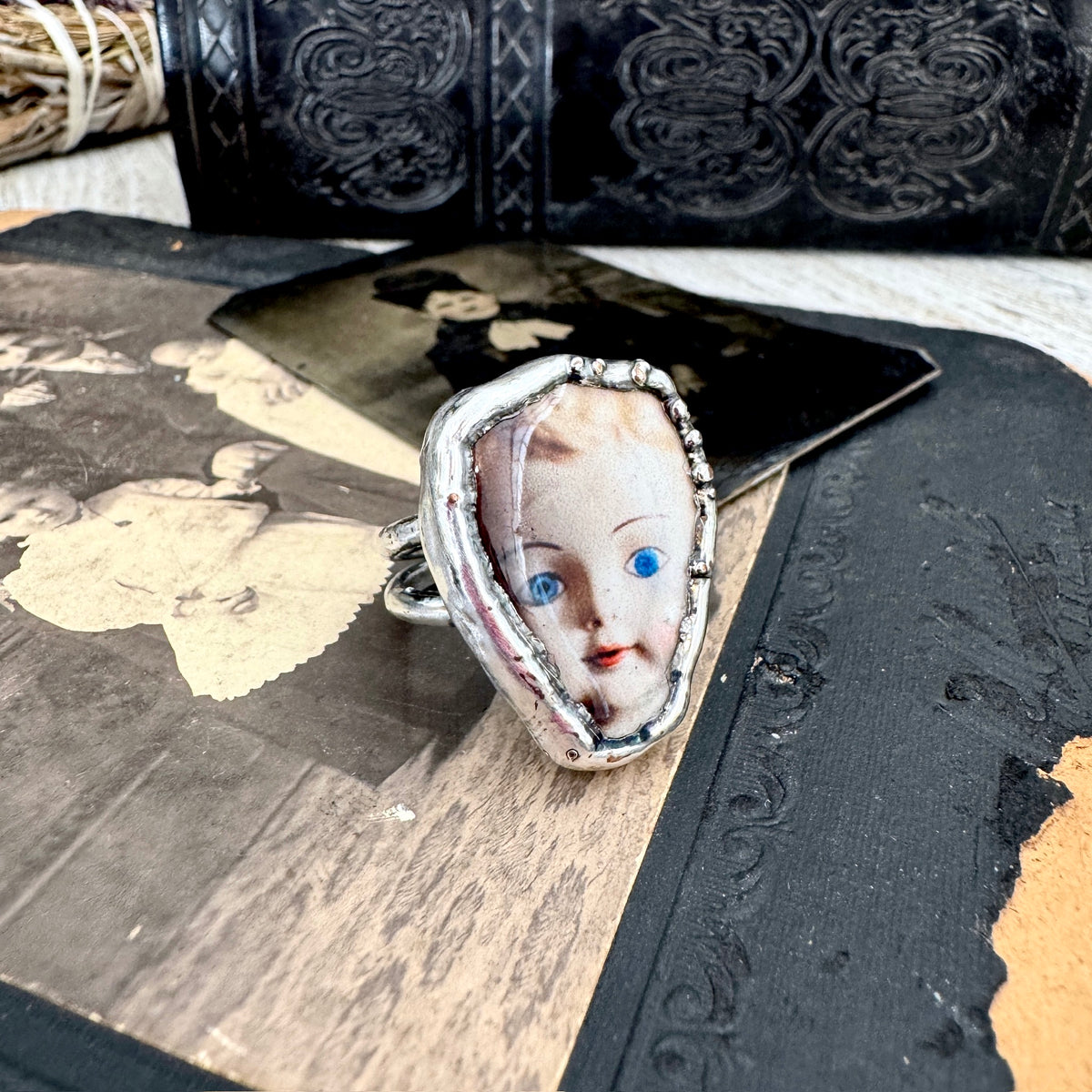 doll head statement ring, fine silver, size 8