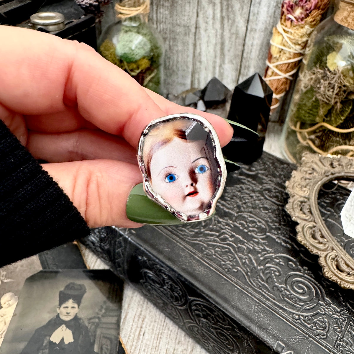 doll head statement ring, fine silver, size 7